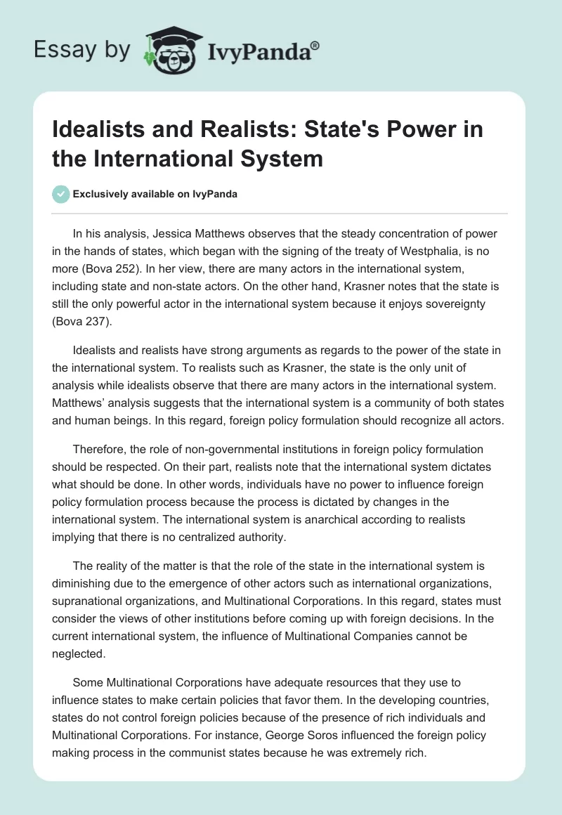 Idealists and Realists: State's Power in the International System. Page 1