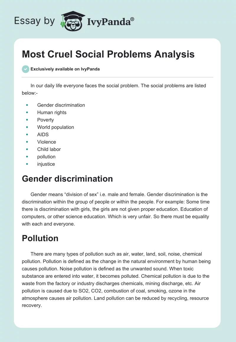 Most Cruel Social Problems Analysis Words Essay Example