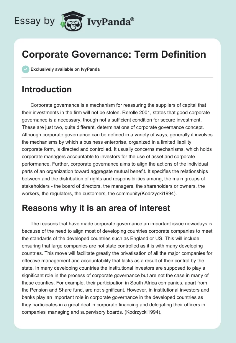 Corporate Governance: Term Definition. Page 1