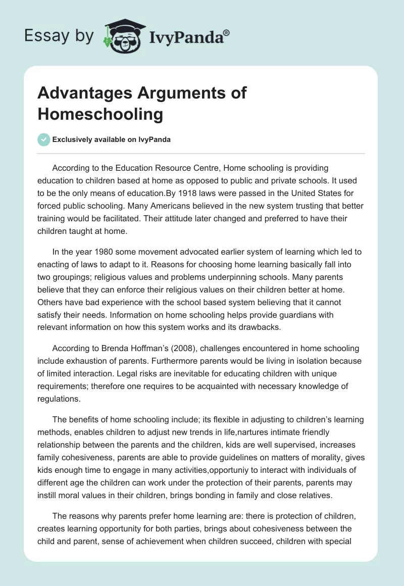 Advantages Arguments of Homeschooling. Page 1