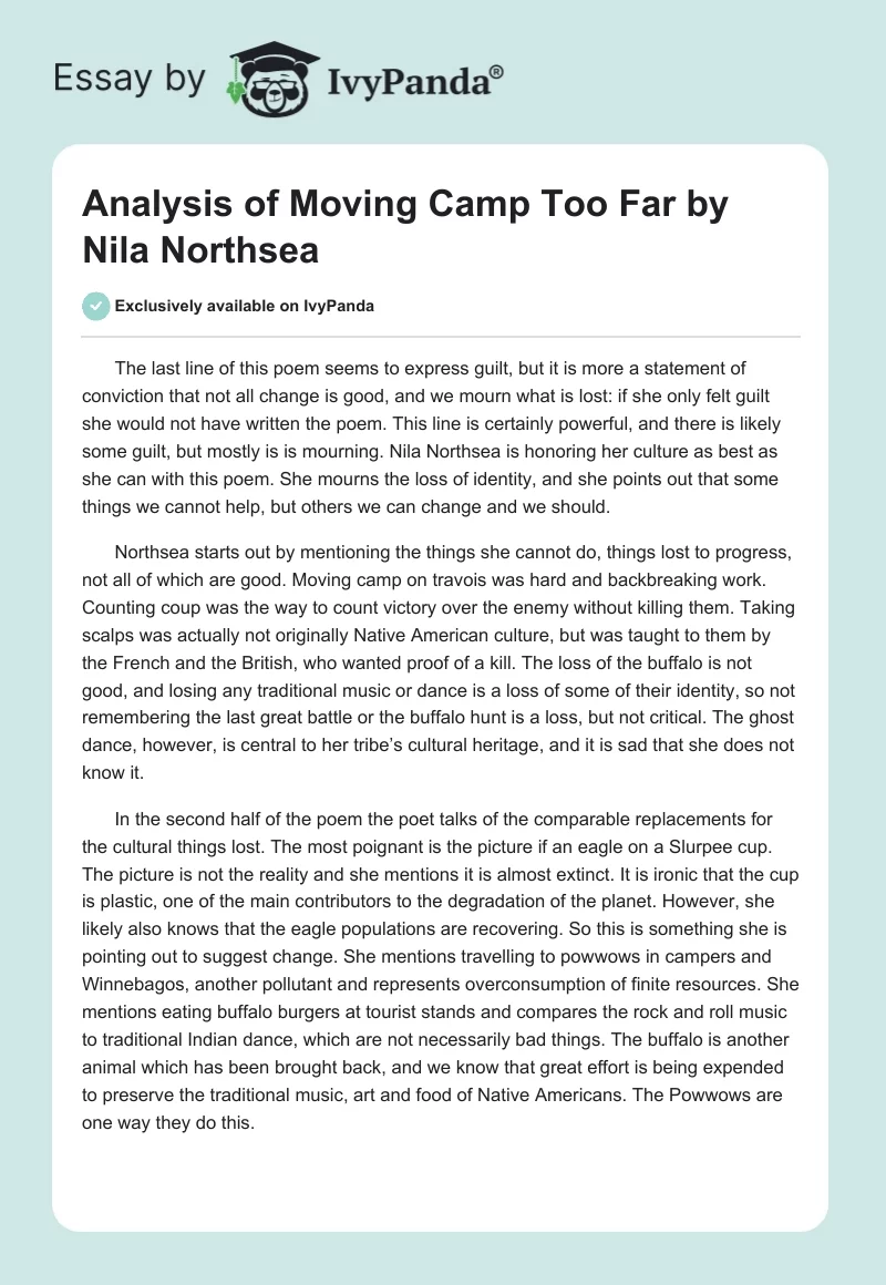 Analysis of "Moving Camp Too Far" by Nila Northsea. Page 1