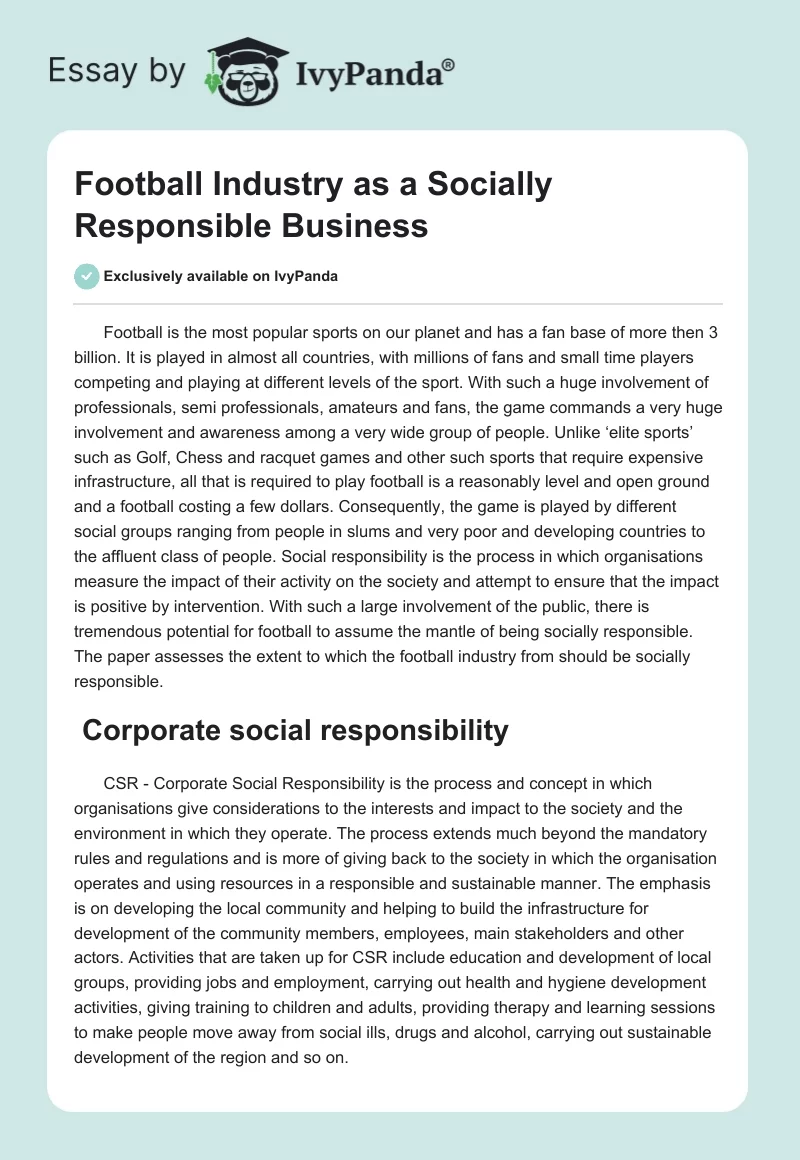 Football Industry as a Socially Responsible Business. Page 1