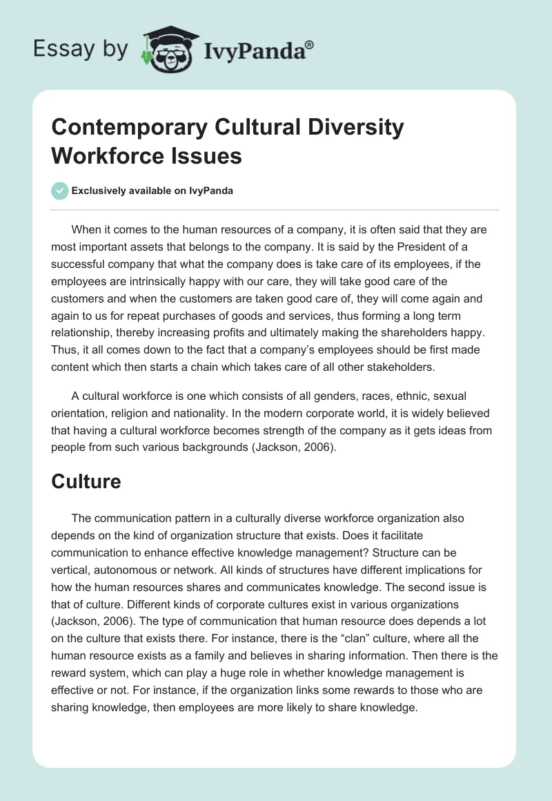 Contemporary Cultural Diversity Workforce Issues. Page 1