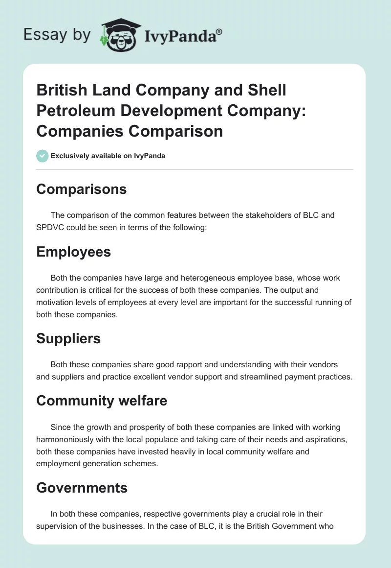 British Land Company and Shell Petroleum Development Company: Companies Comparison. Page 1