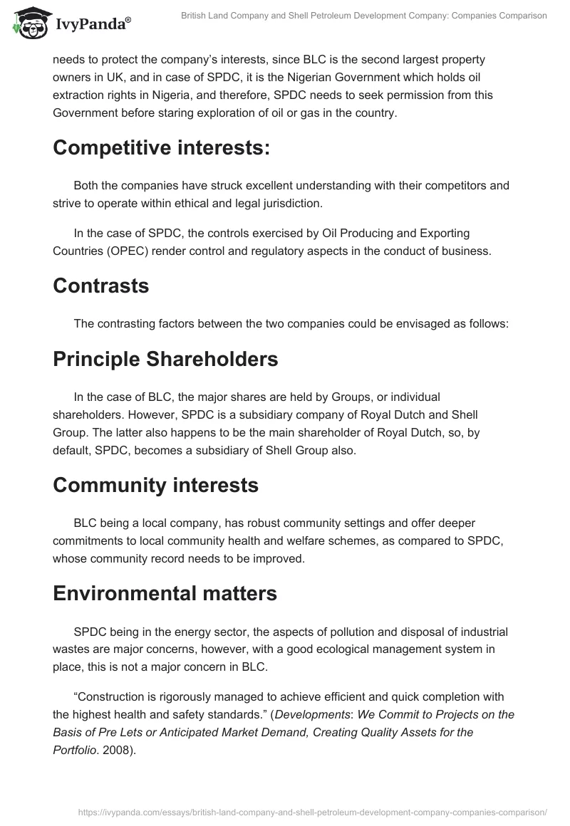 British Land Company and Shell Petroleum Development Company: Companies Comparison. Page 2