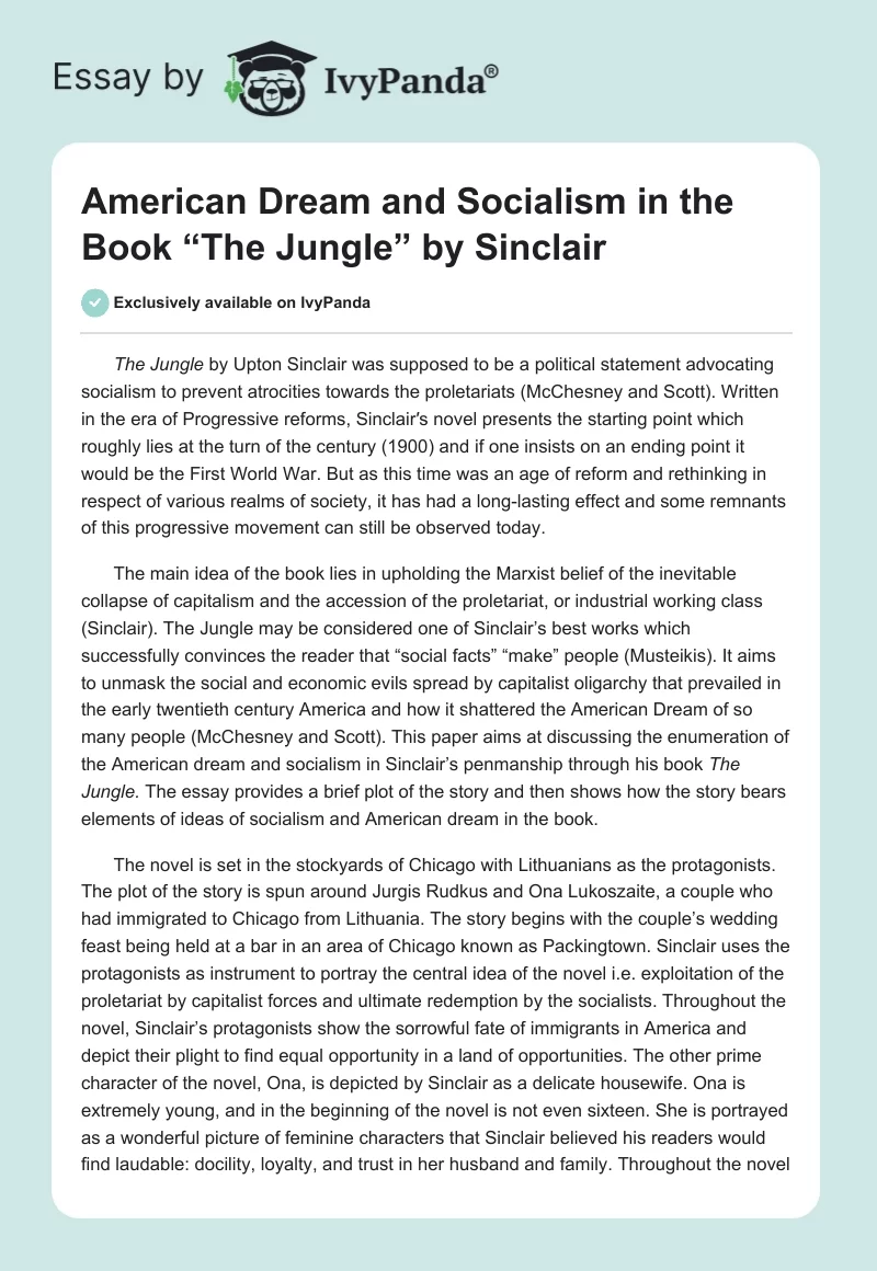 American Dream and Socialism in the Book “The Jungle” by Sinclair. Page 1