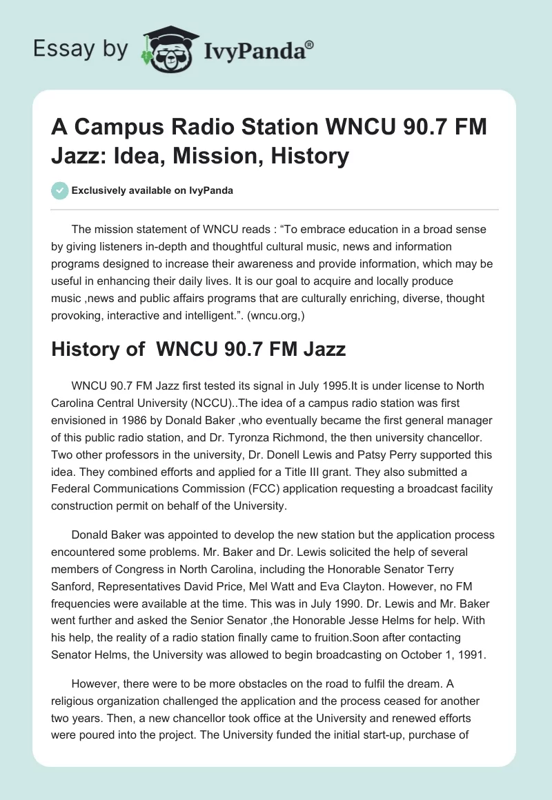 A Campus Radio Station WNCU 90.7 FM Jazz: Idea, Mission, History. Page 1