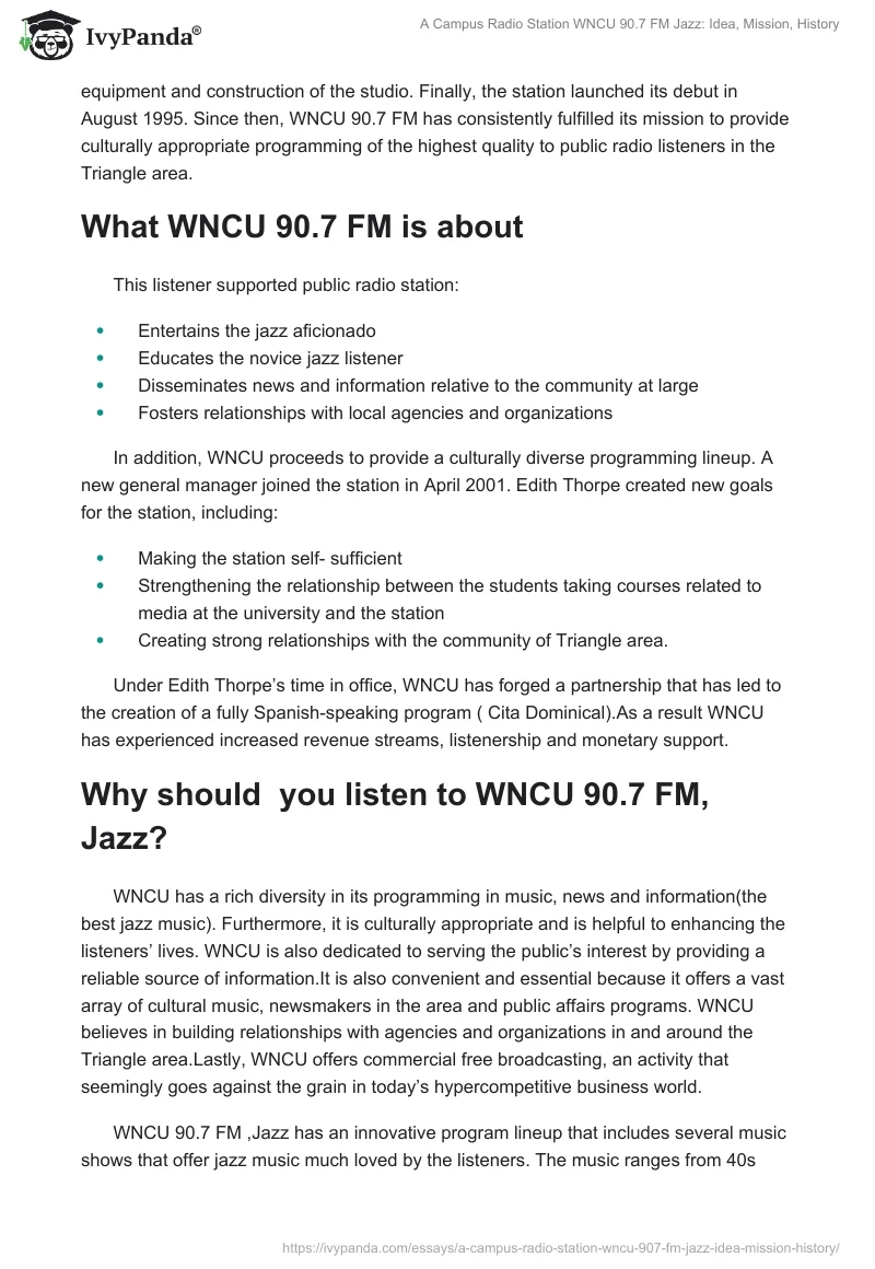 A Campus Radio Station WNCU 90.7 FM Jazz: Idea, Mission, History. Page 2