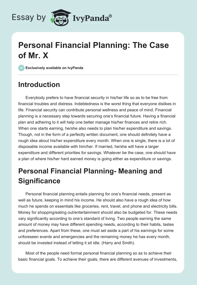 Personal Financial Planning: The Case of Mr. X. Page 1