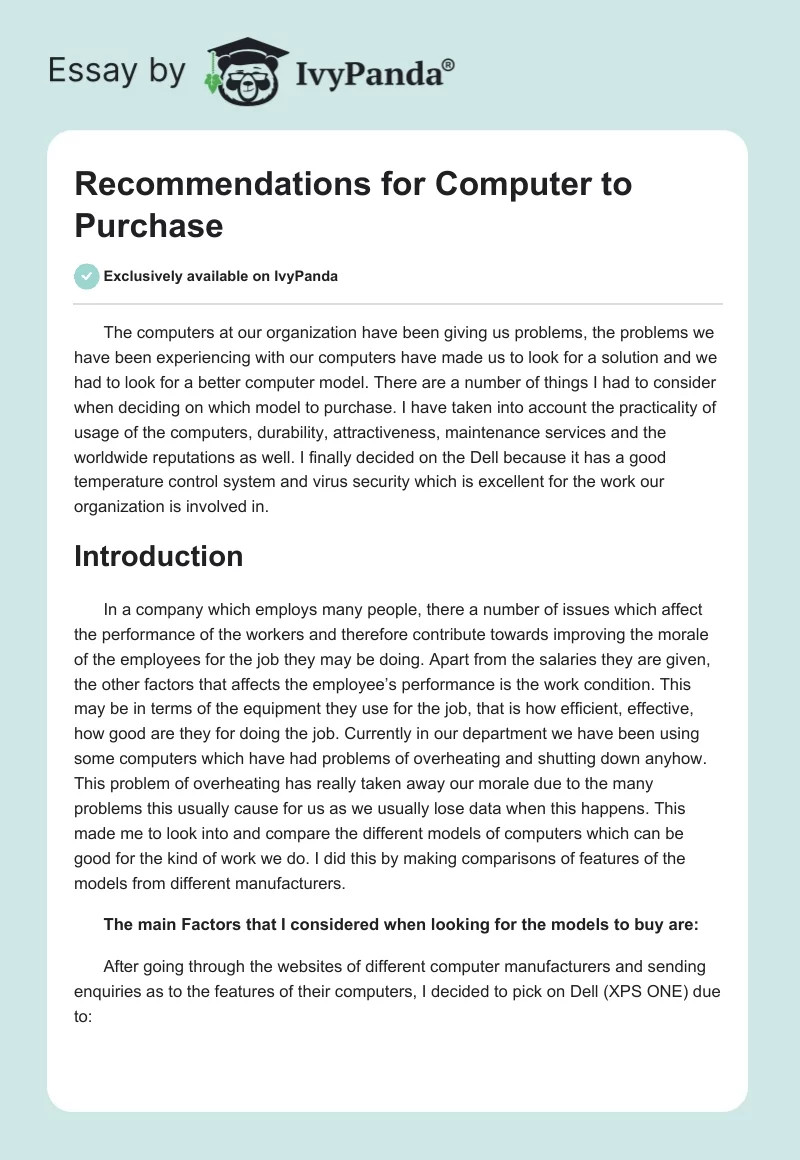 Recommendations for Computer to Purchase. Page 1