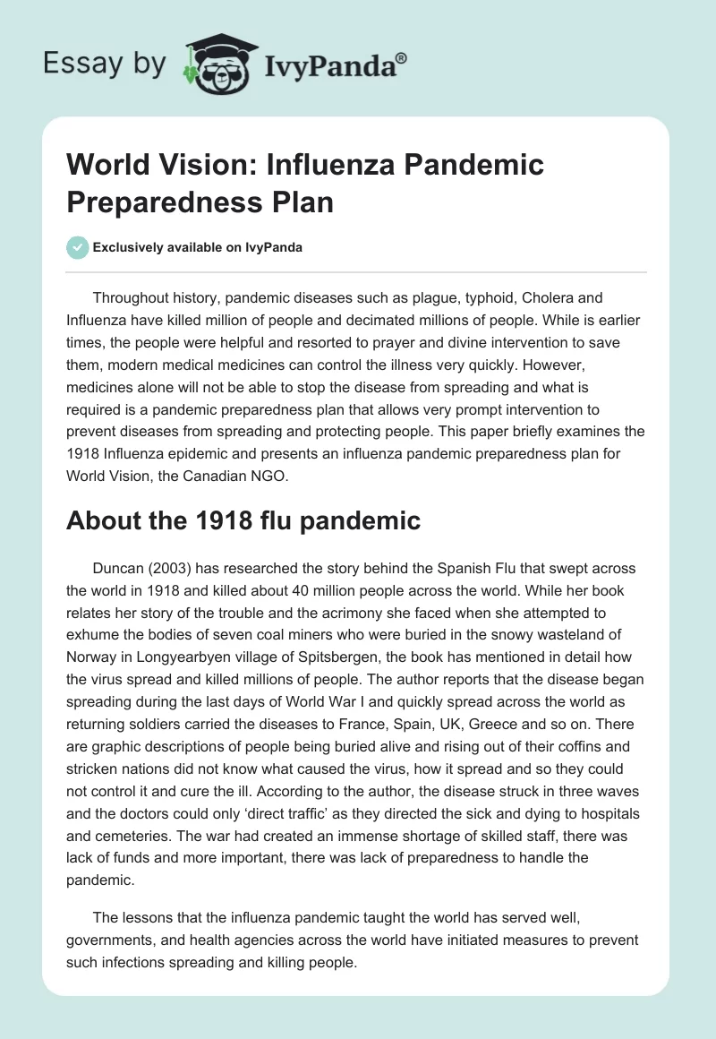 World Vision: Influenza Pandemic Preparedness Plan. Page 1