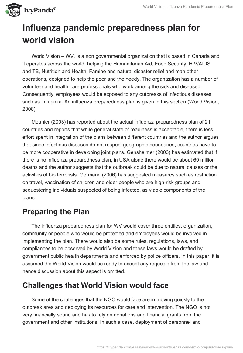 World Vision: Influenza Pandemic Preparedness Plan. Page 2