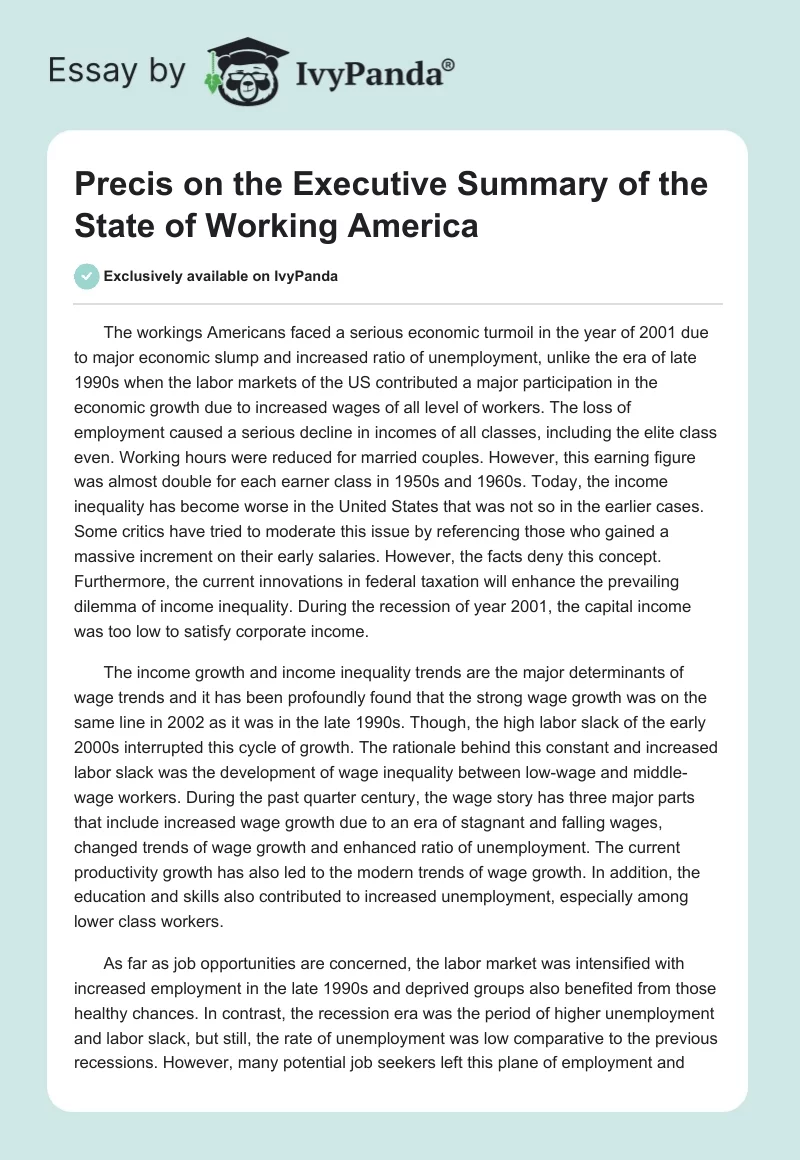 Precis on the Executive Summary of the State of Working America. Page 1