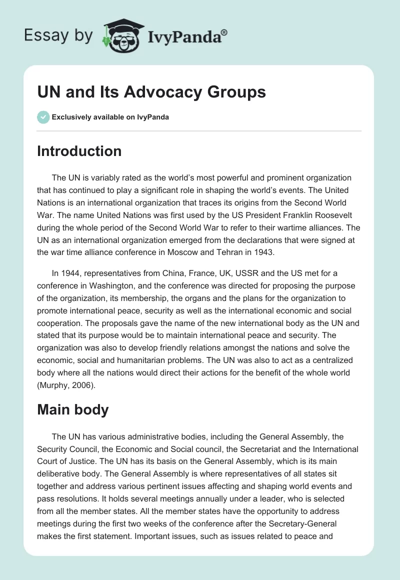 UN and Its Advocacy Groups. Page 1