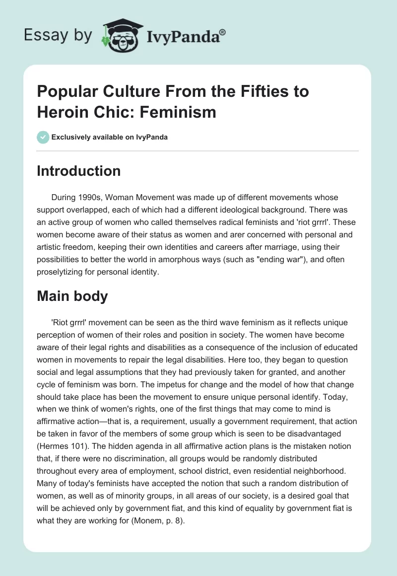 Popular Culture From the Fifties to Heroin Chic: Feminism. Page 1