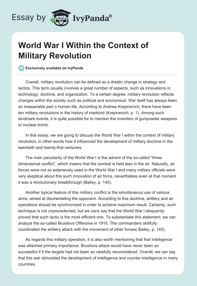 World War I Within the Context of Military Revolution. Page 1