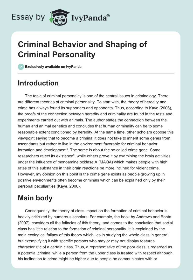 Criminal Behavior and Shaping of Criminal Personality. Page 1