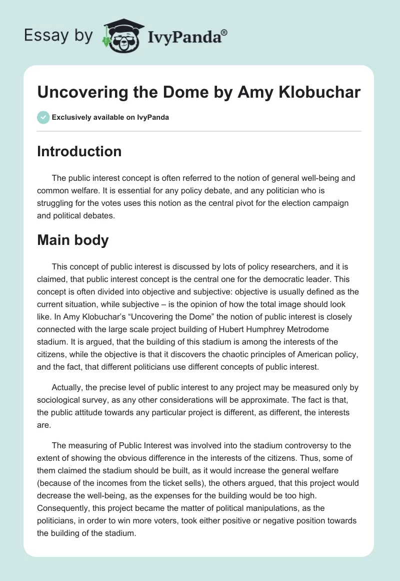 "Uncovering the Dome" by Amy Klobuchar. Page 1