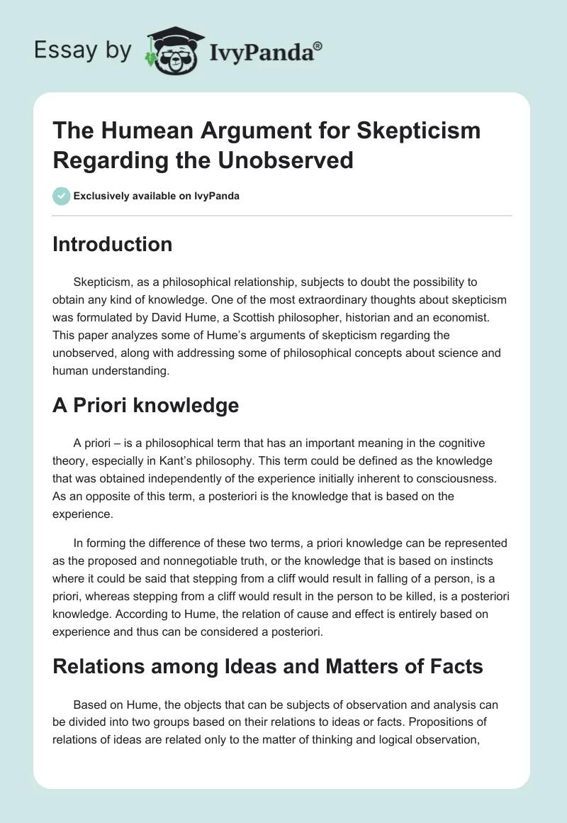The Humean Argument for Skepticism Regarding the Unobserved. Page 1