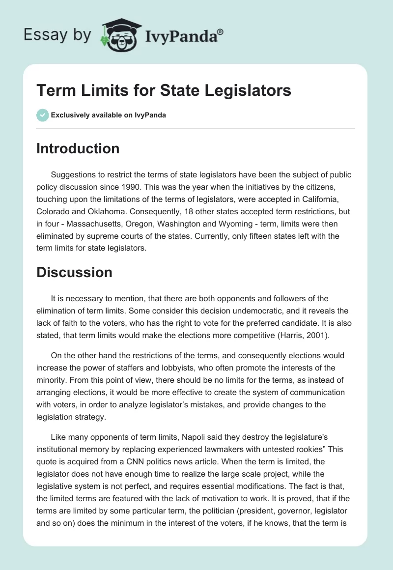 Term Limits for State Legislators. Page 1