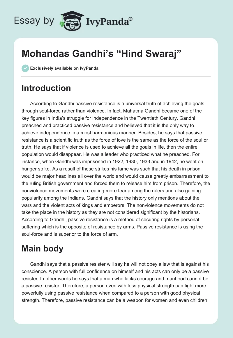 Mohandas Gandhi’s “Hind Swaraj”. Page 1