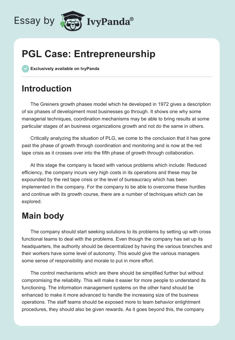 PGL Case: Entrepreneurship. Page 1
