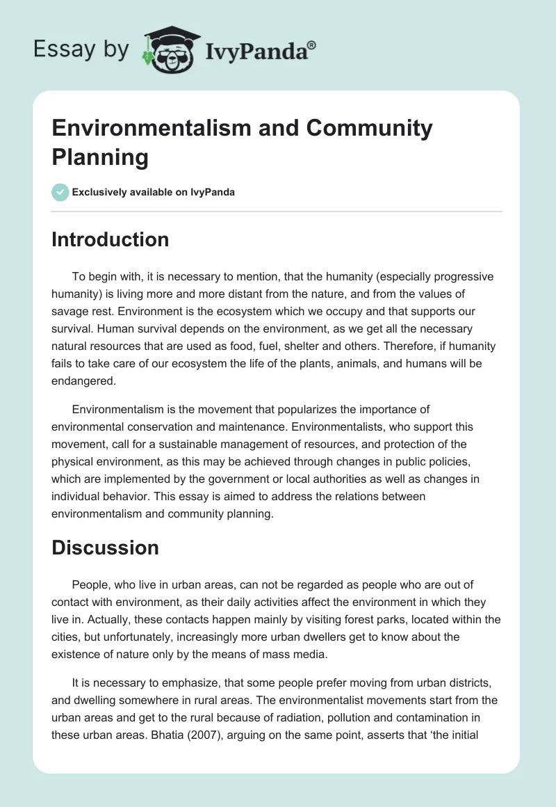Environmentalism and Community Planning. Page 1
