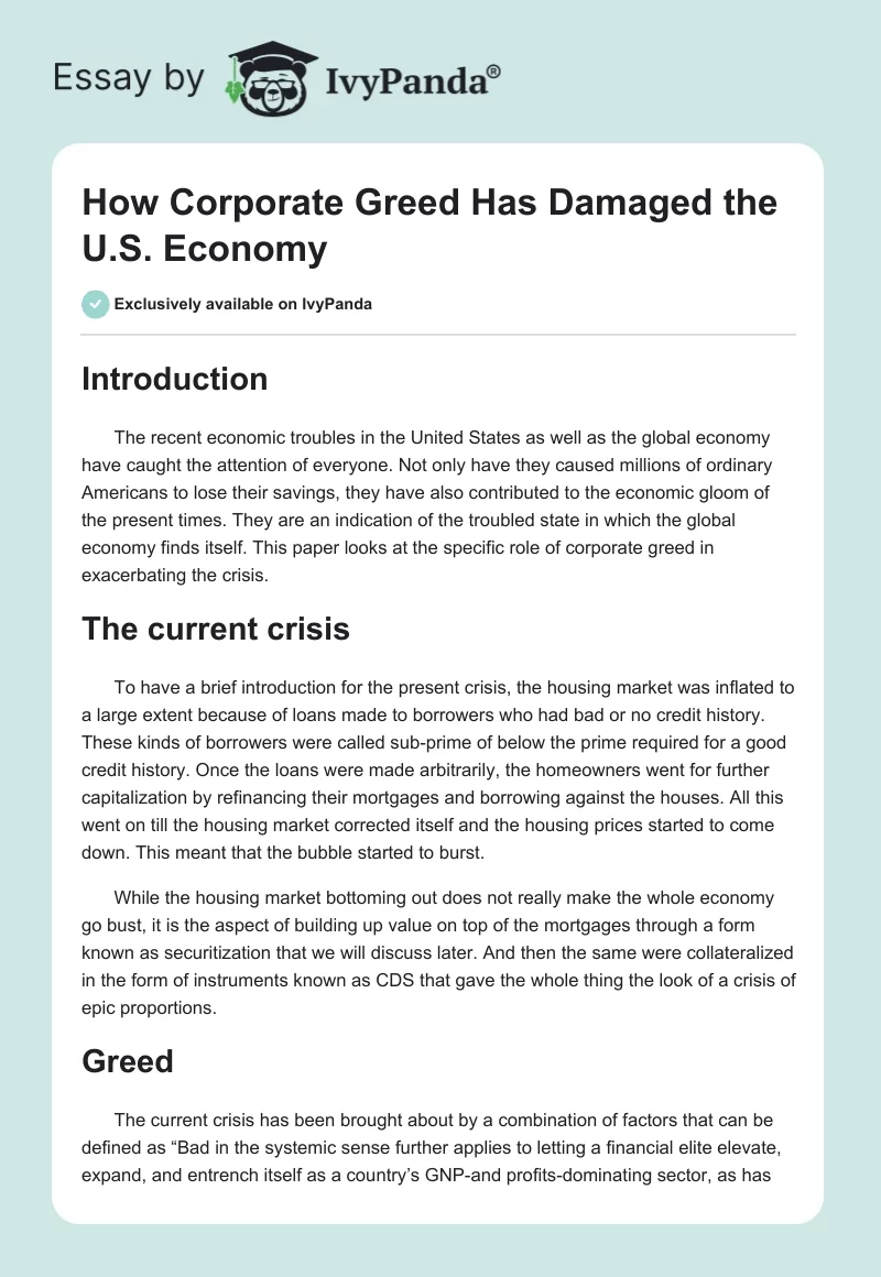 How Corporate Greed Has Damaged the U.S. Economy. Page 1