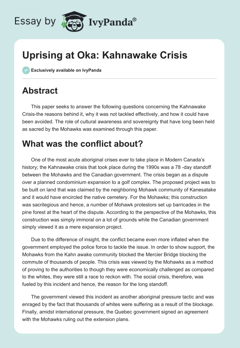 Uprising at Oka: Kahnawake Crisis. Page 1