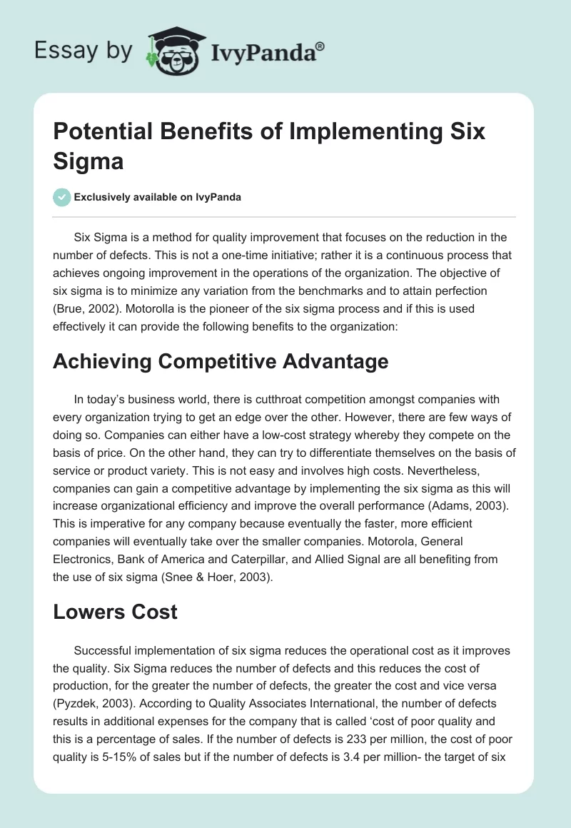 Potential Benefits of Implementing Six Sigma. Page 1