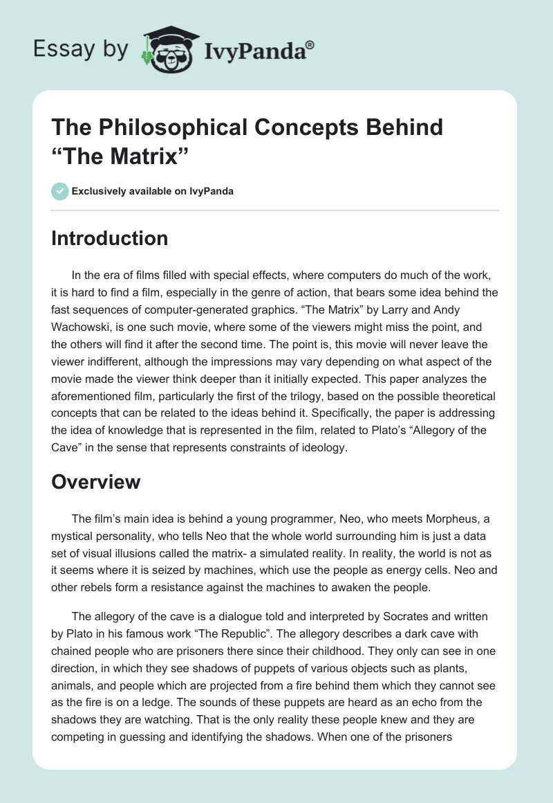 The Philosophical Concepts Behind “The Matrix”. Page 1