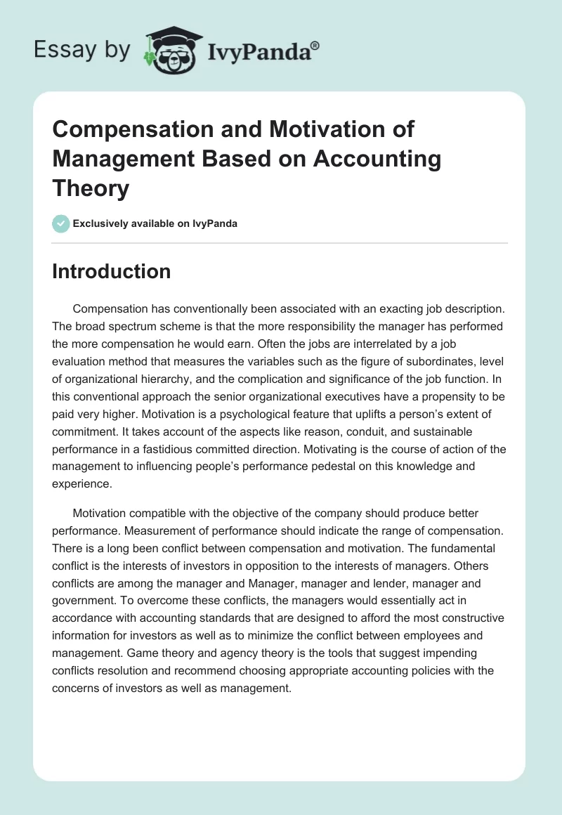 Compensation and Motivation of Management Based on Accounting Theory. Page 1