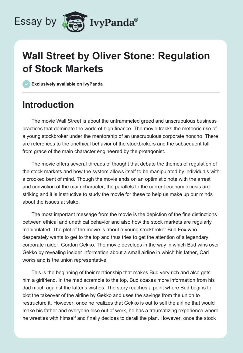 "Wall Street" by Oliver Stone: Regulation of Stock Markets. Page 1