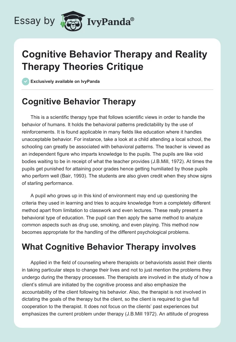 Cognitive Behavior Therapy and Reality Therapy Theories Critique. Page 1