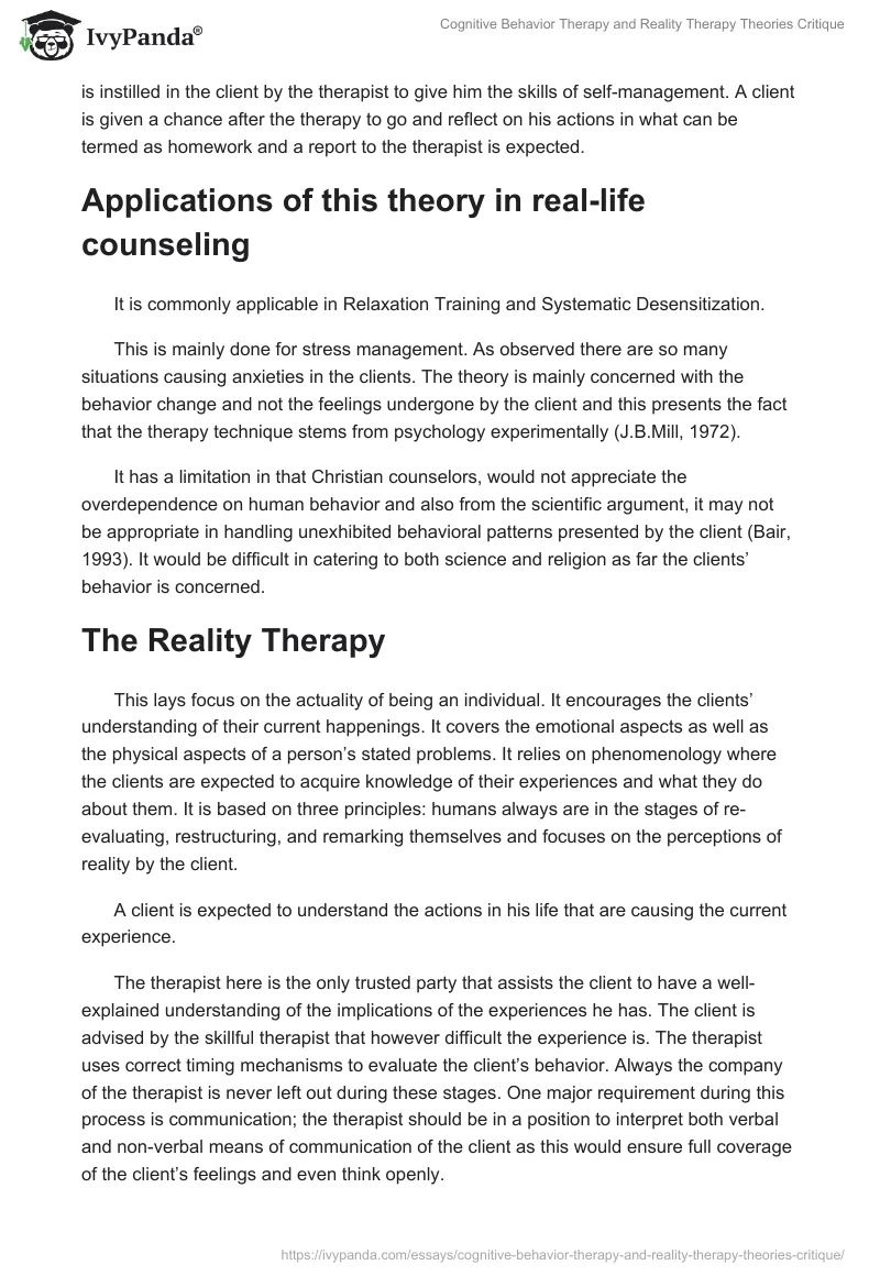 Cognitive Behavior Therapy and Reality Therapy Theories Critique. Page 2