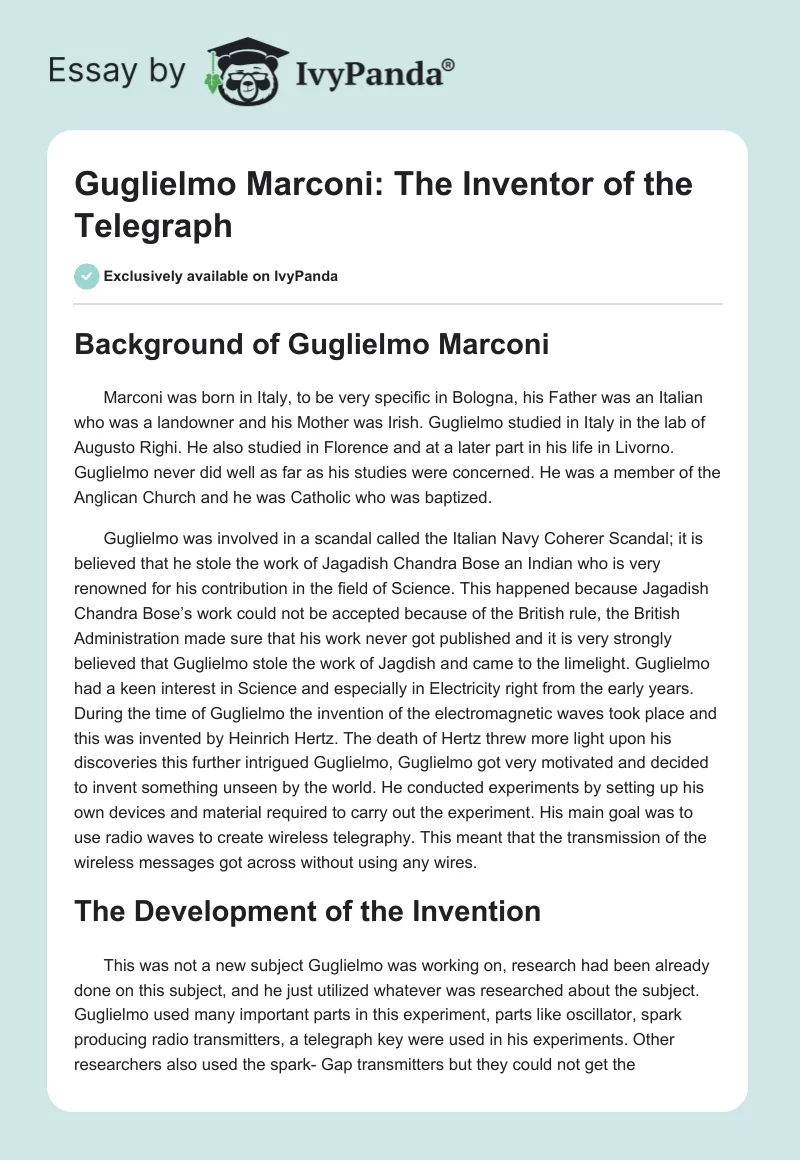 Guglielmo Marconi: The Inventor of the Telegraph. Page 1