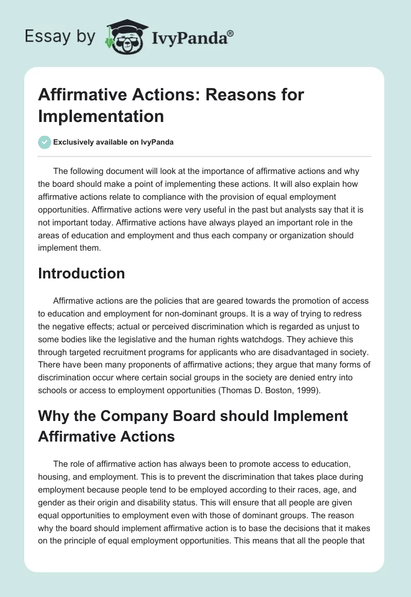 Affirmative Actions: Reasons for Implementation. Page 1
