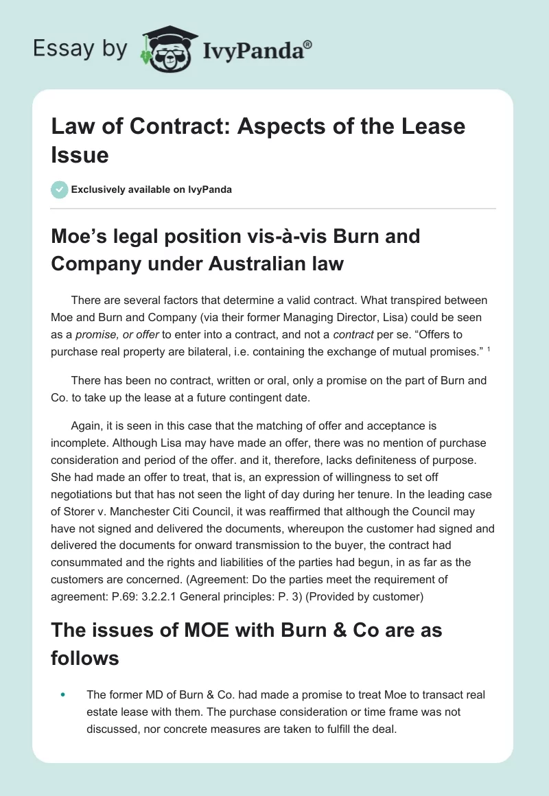 Law of Contract: Aspects of the Lease Issue. Page 1