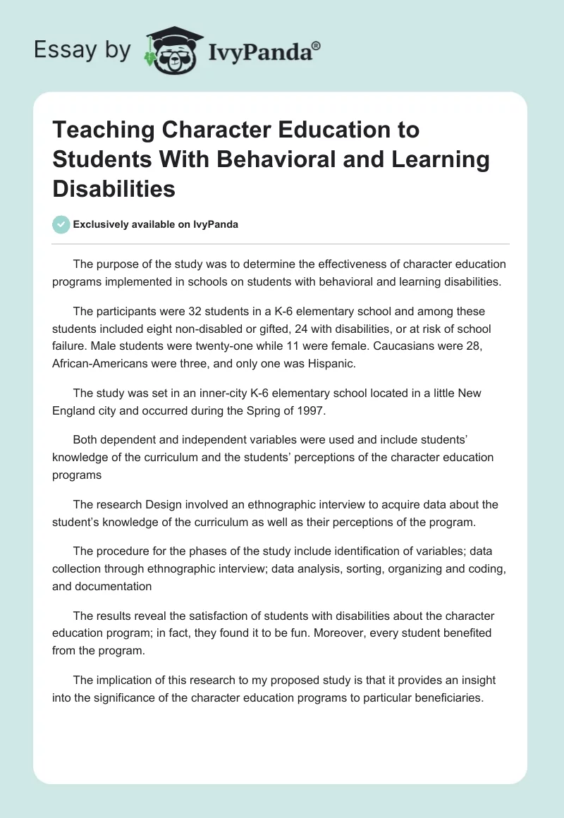 Teaching Character Education to Students With Behavioral and Learning Disabilities. Page 1