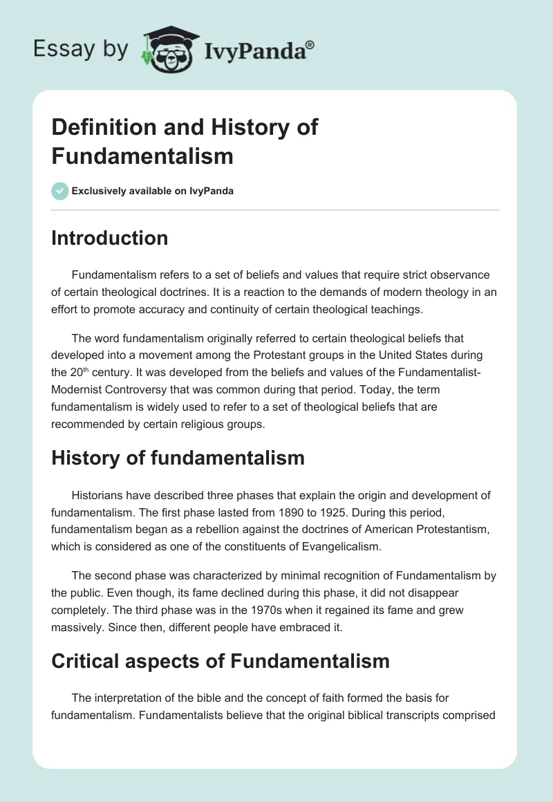 Definition and History of Fundamentalism. Page 1