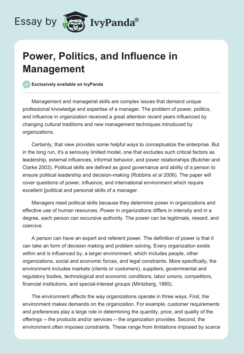 Power, Politics, and Influence in Management. Page 1