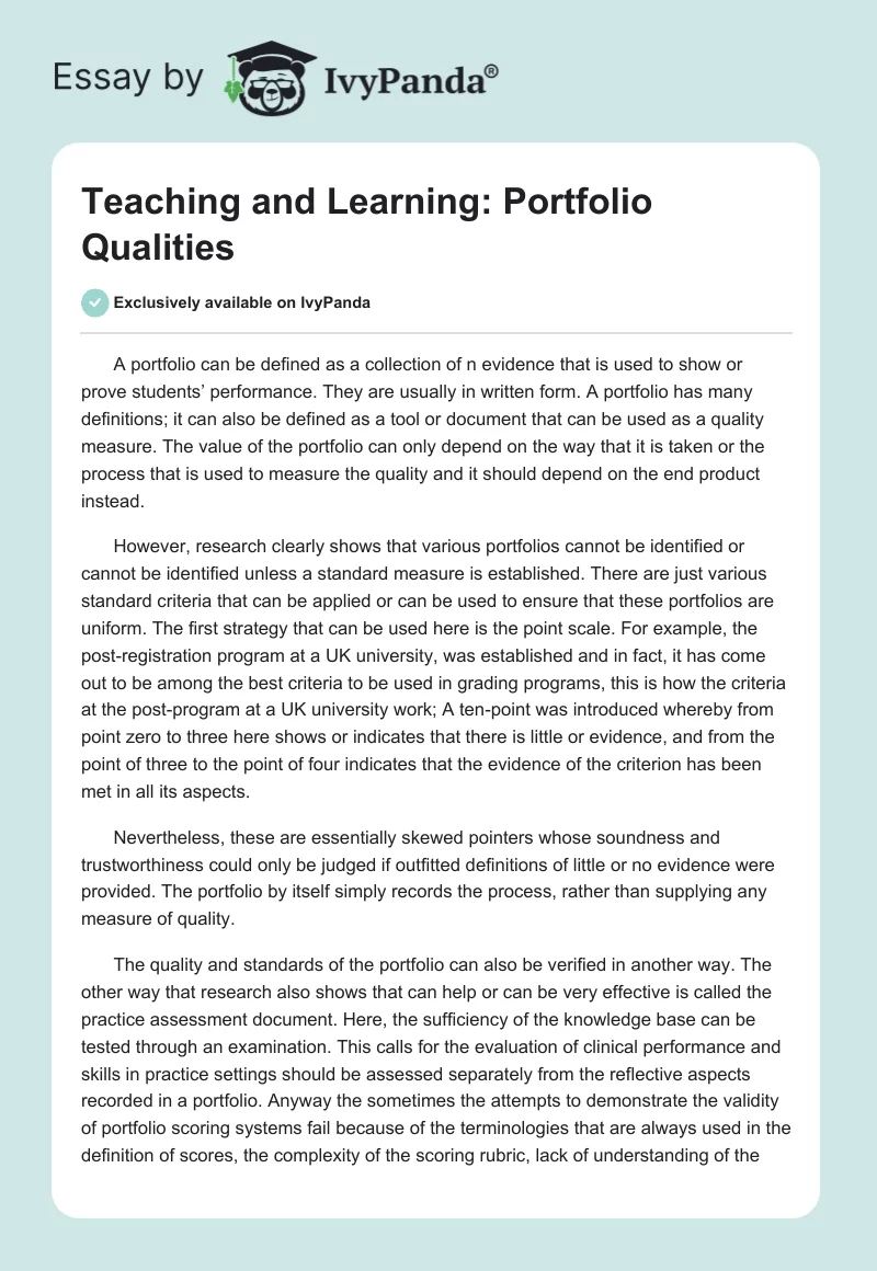 Teaching and Learning: Portfolio Qualities. Page 1