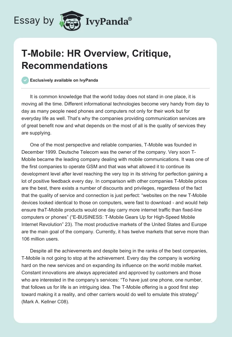 T-Mobile: HR Overview, Critique, Recommendations. Page 1