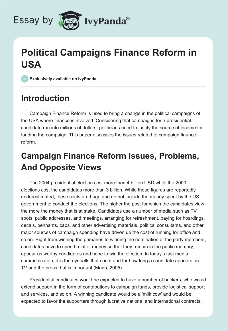 Political Campaigns Finance Reform in USA. Page 1