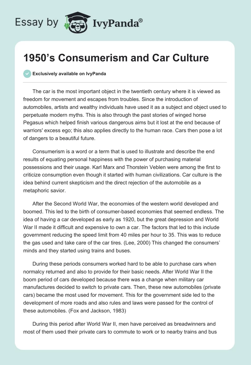 1950’s Consumerism and Car Culture. Page 1