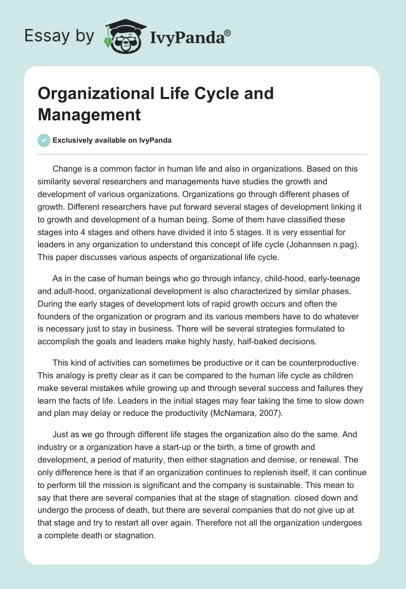 Organizational Life Cycle and Management. Page 1