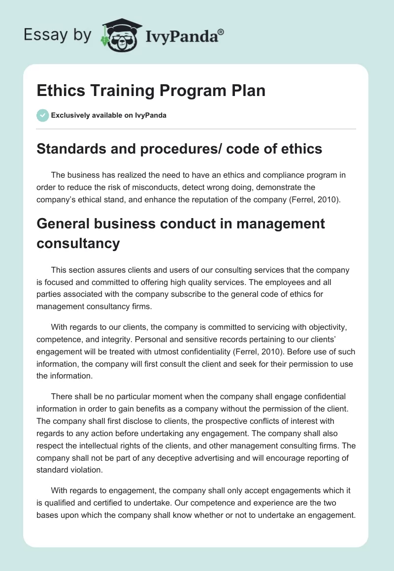 Ethics Training Program Plan. Page 1
