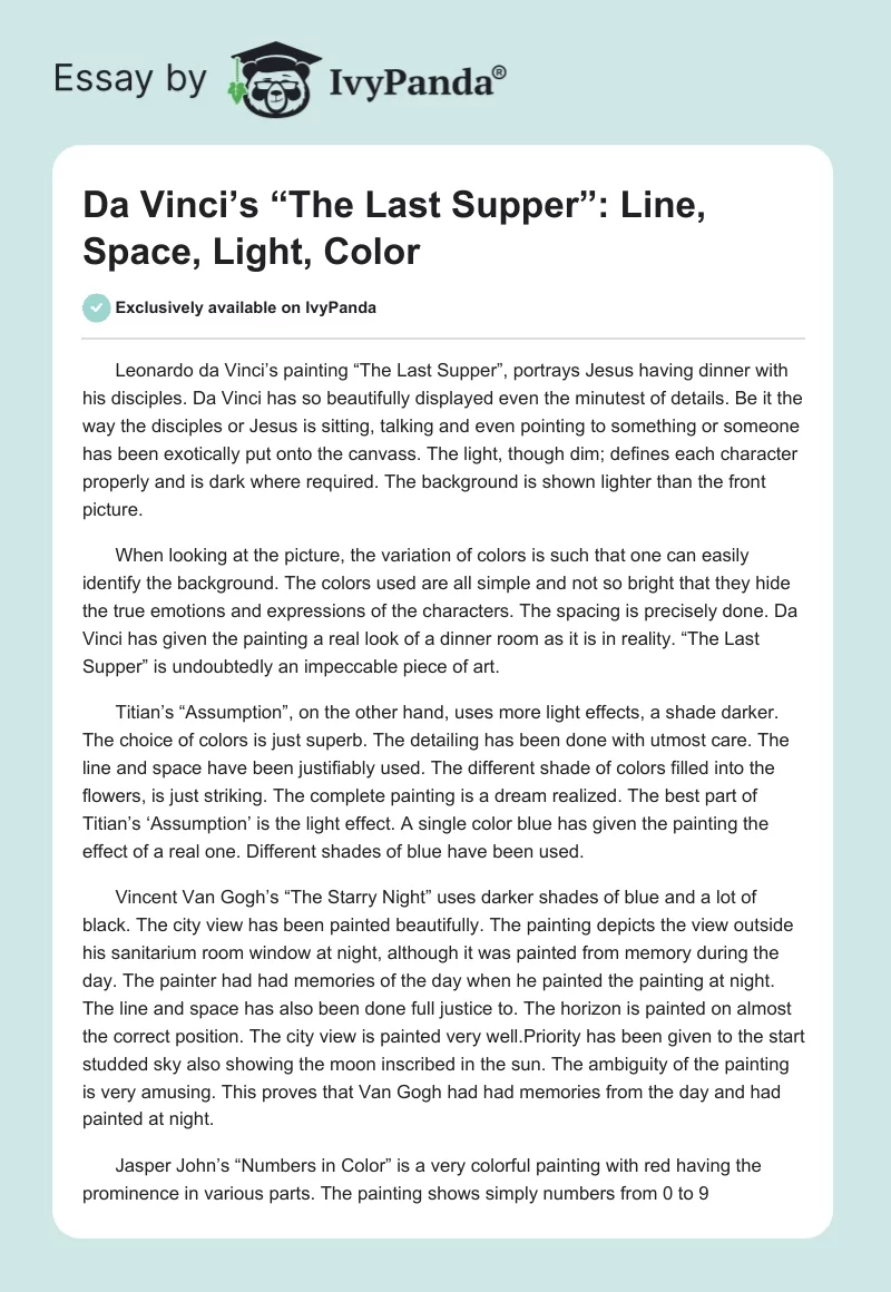 Da Vinci’s “The Last Supper”: Line, Space, Light, Color. Page 1