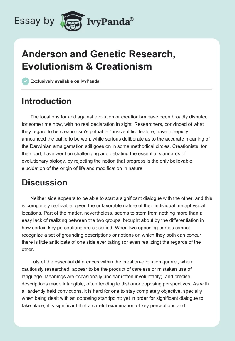 Anderson and Genetic Research, Evolutionism & Creationism. Page 1
