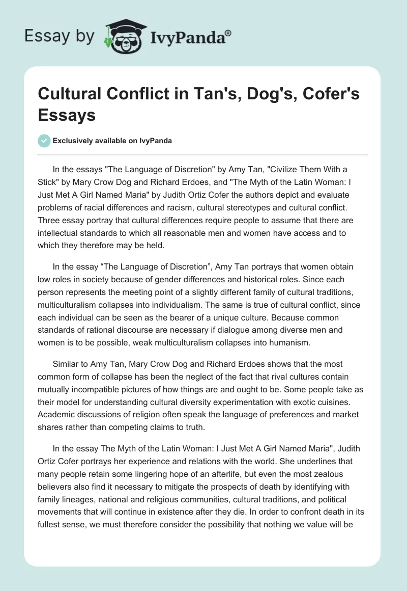 Cultural Conflict in Tan's, Dog's, Cofer's Essays. Page 1